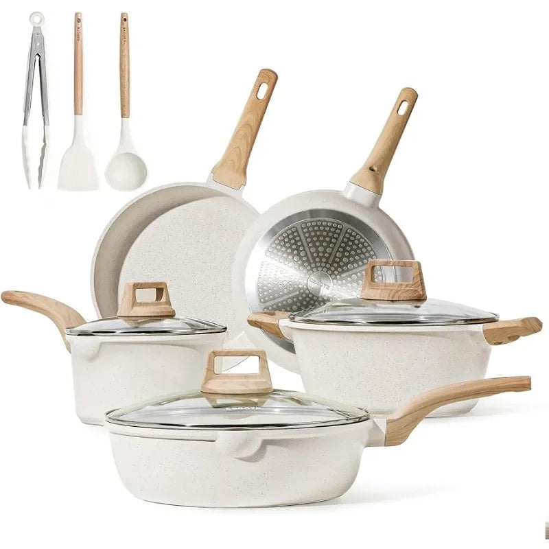 Carote Nonstick Pots and Pans Set, 17 Pcs Granite Stone Kitchen Cookware  Sets (White) 