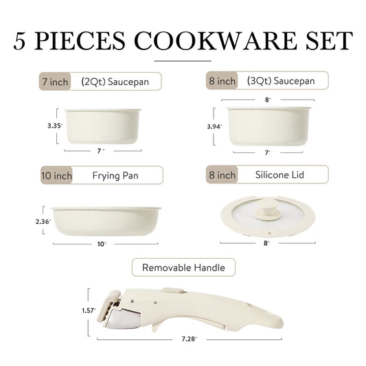 CAROTE 5 Piece Non stick Cookware Set, detachable  handle.