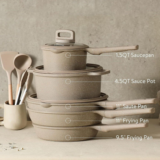 CAROTE Non-stick 11 Pcs Ceramic Cookware Set (Beige Granite)