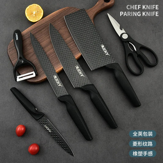High Quality Kitchen Knife Set 6 Pcs Chef Slicing Cleaver Paring Knife with Scissors and Peeler Gift Box Non Stick Blade Knife