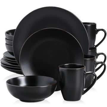 VANCASSO MODA Series 16/32/48 Piece Pottery Dinner Set Black Stoneware Tableware Set with Dinner Plate,Dessert Plate,Bowls,Cups
