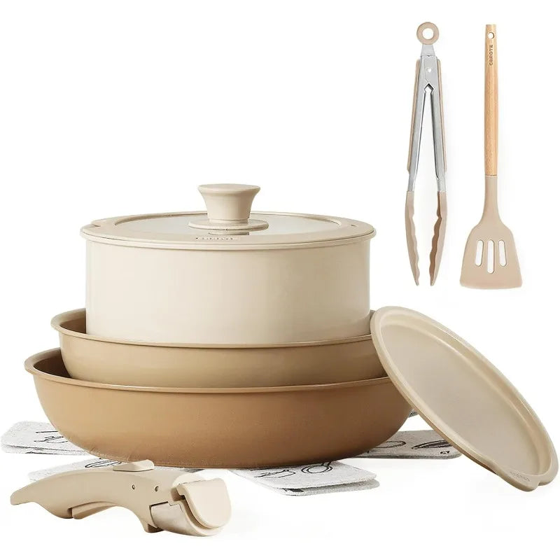 CAROTE 10pcs Pots and Pans Set, Ceramic Cookware Set Detachable Handle, Induction Nonstick Kitchen Cookware Sets