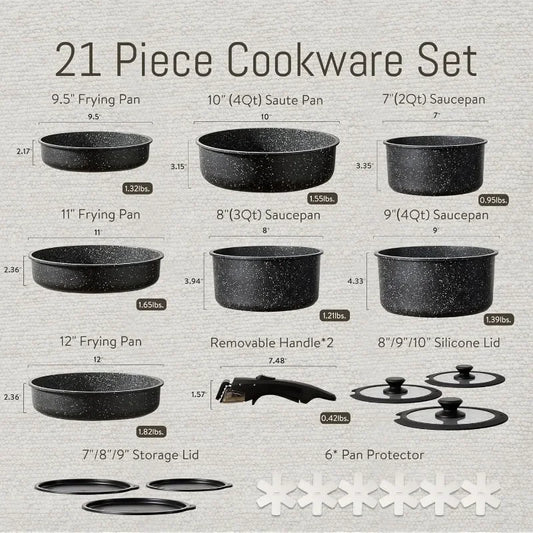 CAROTE 21pcs Detachable Handle Pots and Pan Set, Nonstick Induction Cookware, Removable Handle, RV Oven Safe Cookware